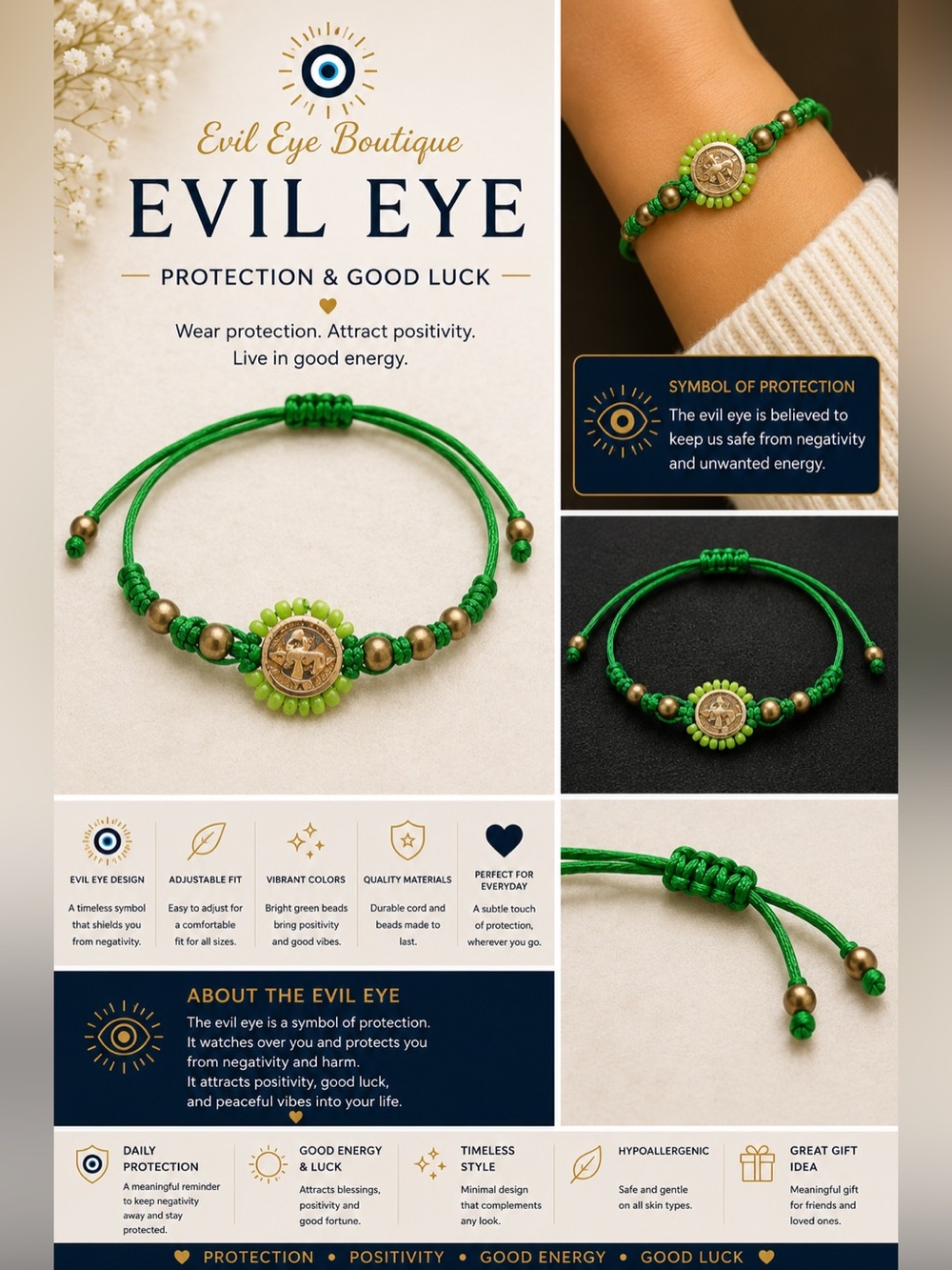 Green Beaded Adjustable Bracelet (Saint Benedict